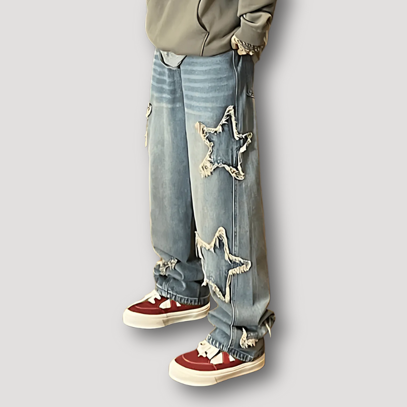 Star Patches Distressed Washed Baggy Jeans Wide Leg