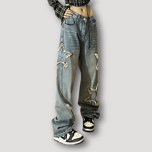 Star Patches Distressed Washed Baggy Jeans Wide Leg