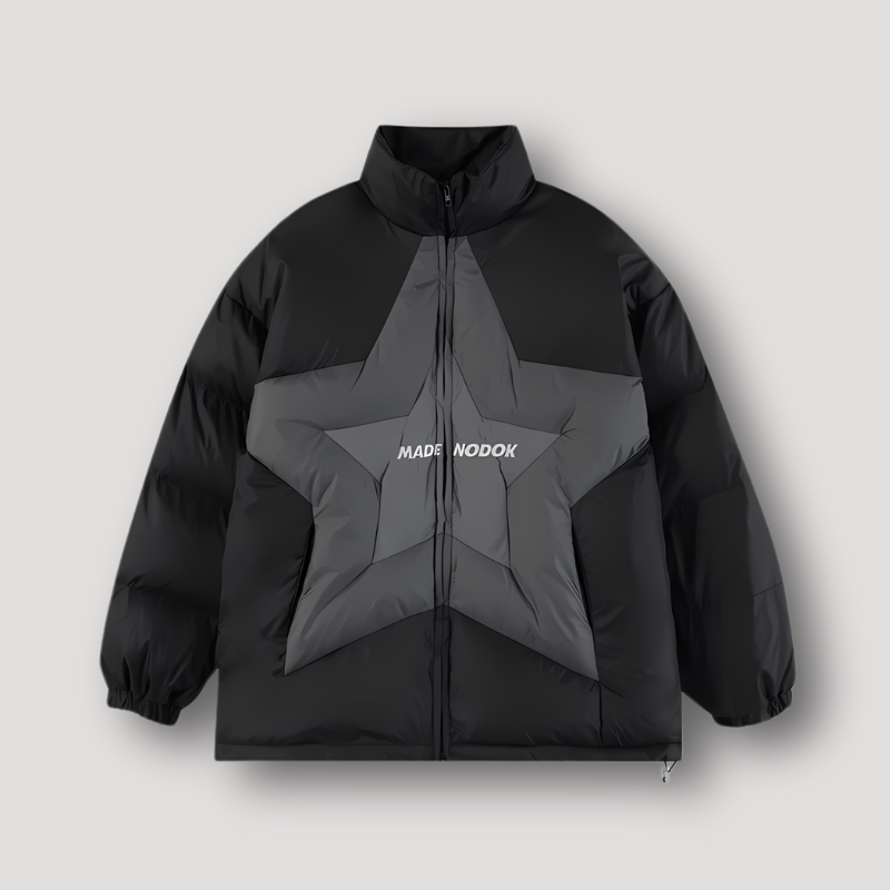 Double Star Patchwork Parachute Zip Up Puffer Jacket