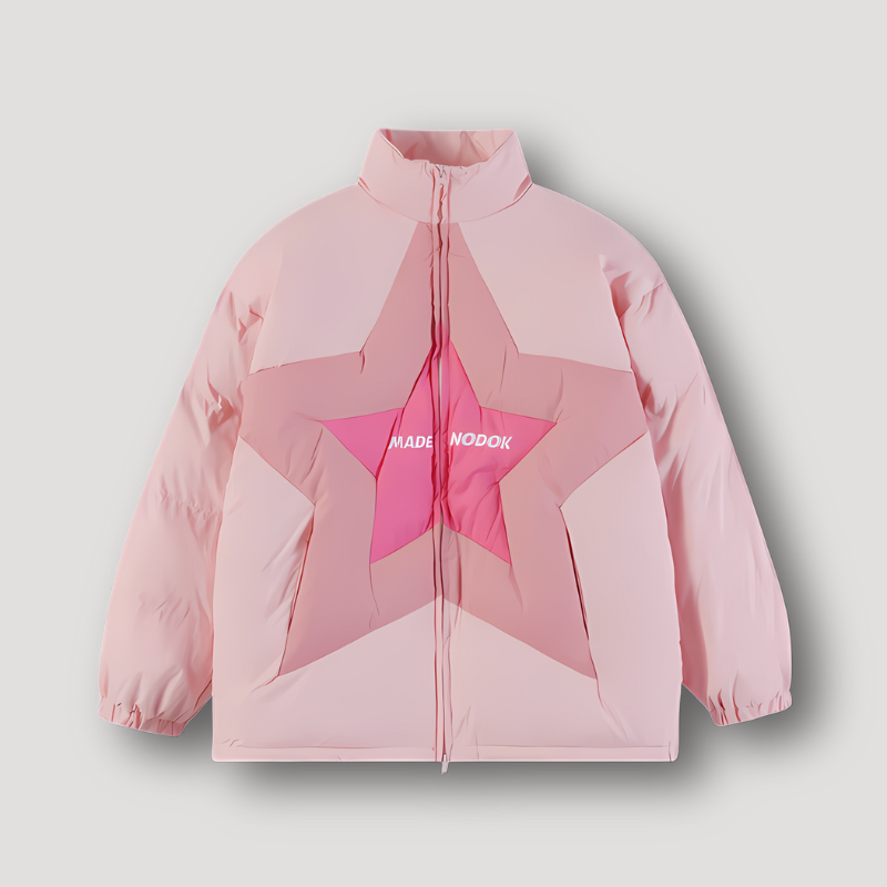 Double Star Patchwork Parachute Zip Up Puffer Jacket