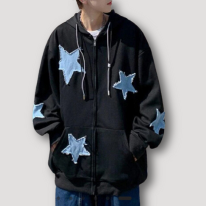 Star Embroidery Patches Zip Up Hoodie