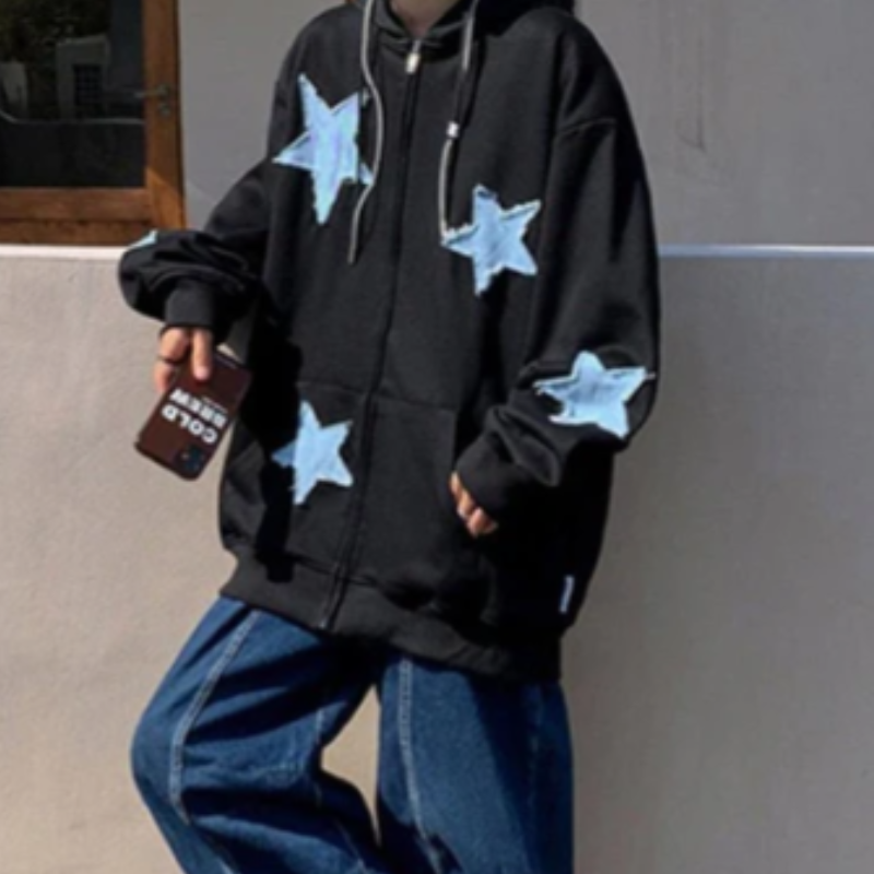 Star Embroidery Patches Zip Up Hoodie