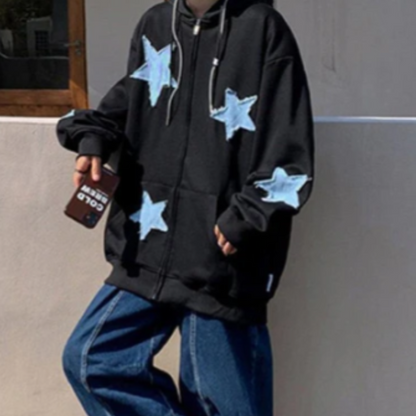 Star Embroidery Patches Zip Up Hoodie