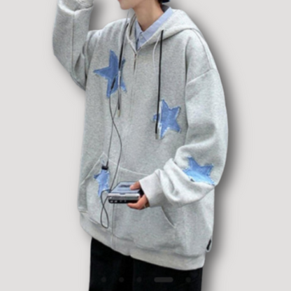 Star Embroidery Patches Zip Up Hoodie