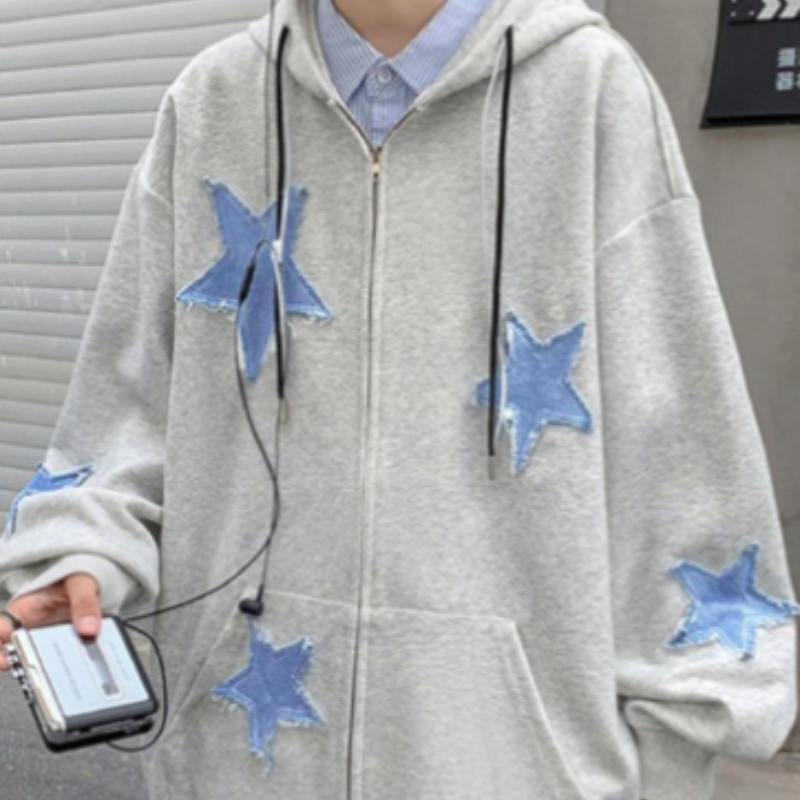 Star Embroidery Patches Zip Up Hoodie