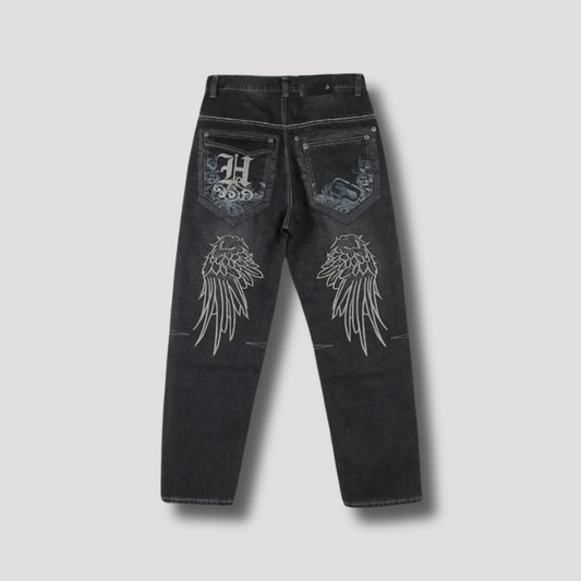 Angel Wings Embroidered Baggy Jeans