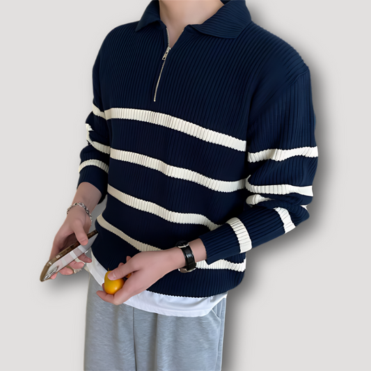 Ribbed Knit Striped Quarter Zip Sweater for Men