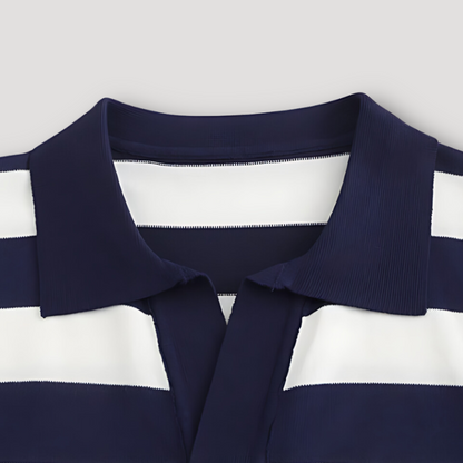 Ribbed Hem White Blue Stripes Short Sleeve Polo Shirts