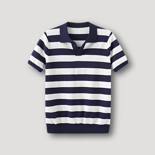 Ribbed Hem White Blue Stripes Short Sleeve Polo Shirts