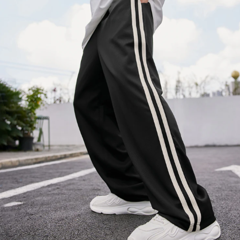 White Stripe Straight Leg Black Pants Male