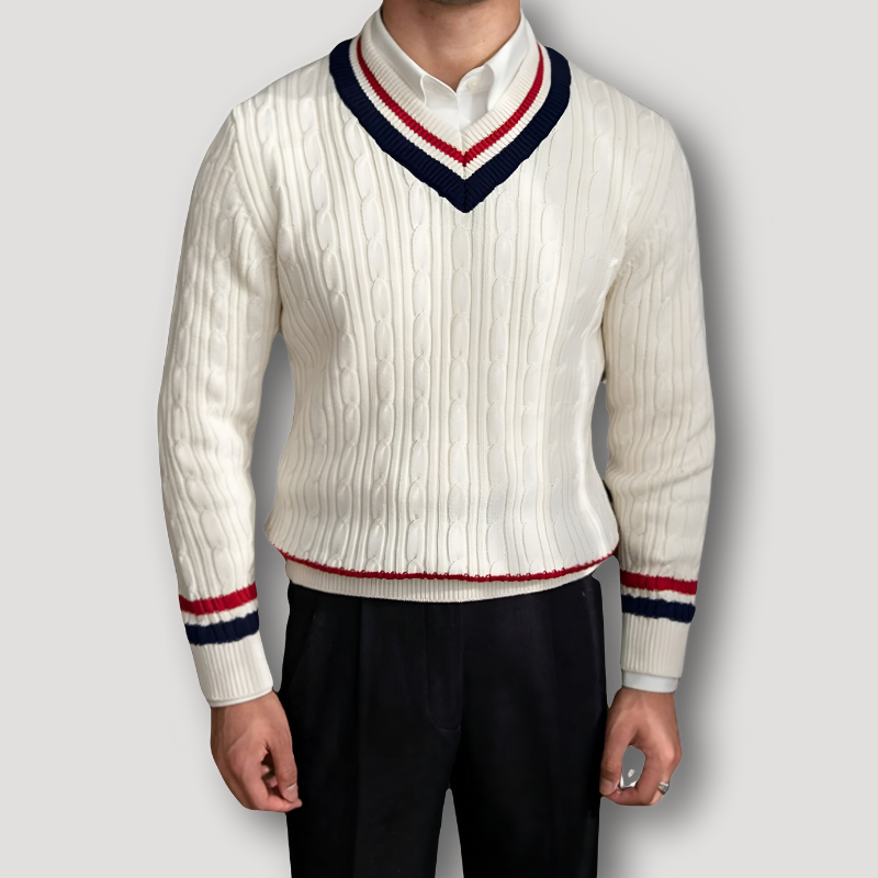 White V-Neck Striped Cable Knit Sweater Man