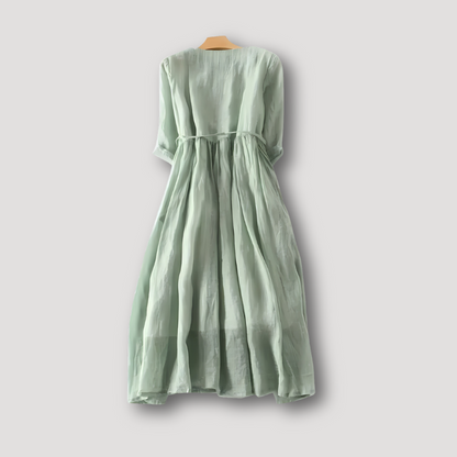 Cotton Linen Double Layer Midi Women's Dress