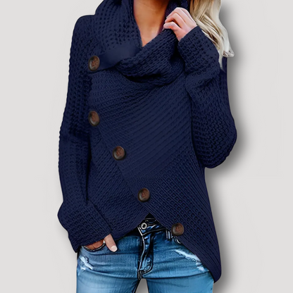 Asymmetrical Buttoned Cowl Neck Sweater for Women Knitted