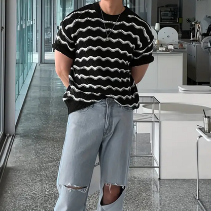 Wave Pattern Short Sleeve Knitted Sweater