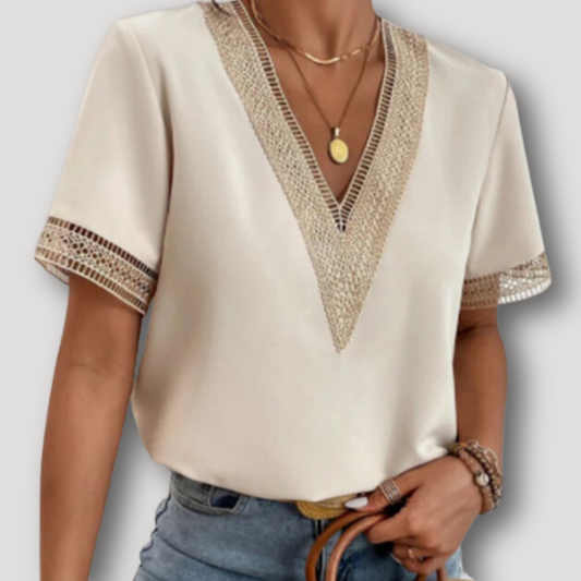 V-neck Lace Crochet Draped Women's Blouse Short Sleeve