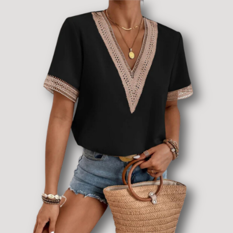 V-neck Lace Crochet Draped Women's Blouse Short Sleeve