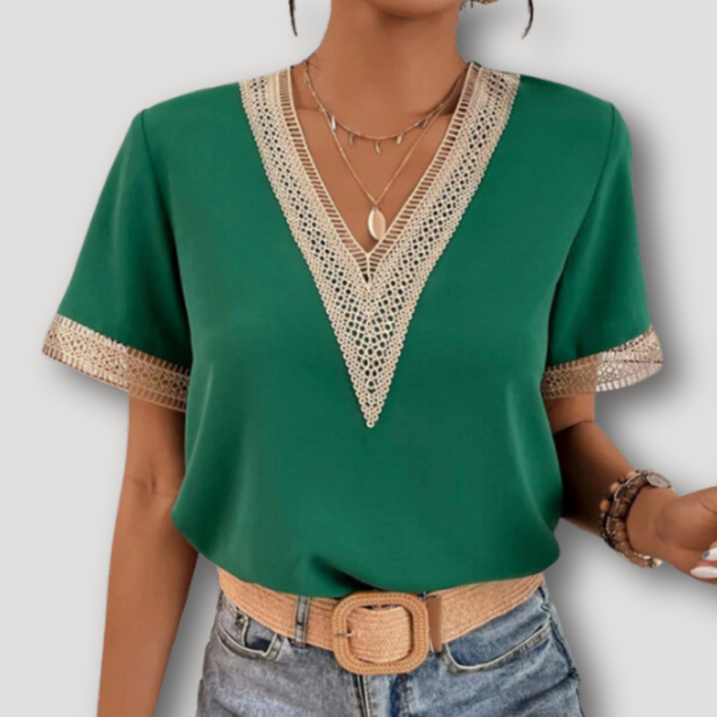 V-neck Lace Crochet Draped Women's Blouse Short Sleeve