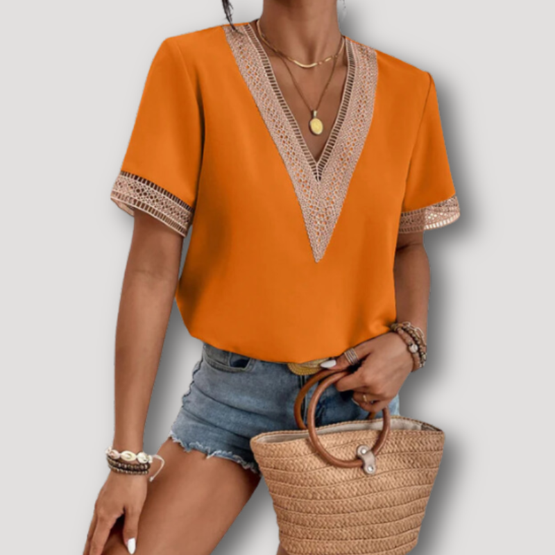 V-neck Lace Crochet Draped Women's Blouse Short Sleeve