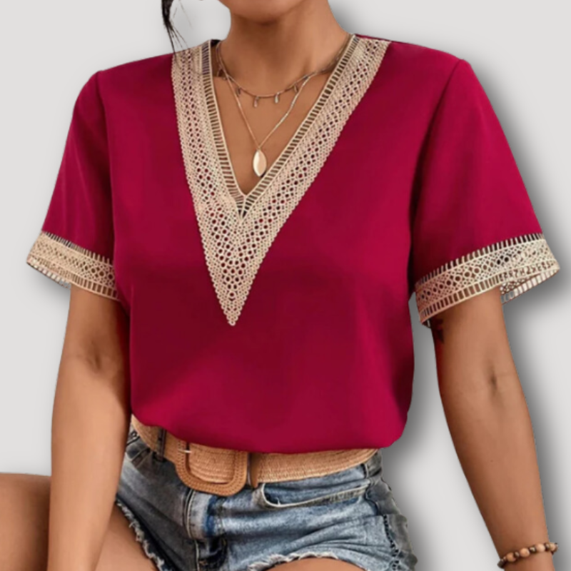 V-neck Lace Crochet Draped Women's Blouse Short Sleeve