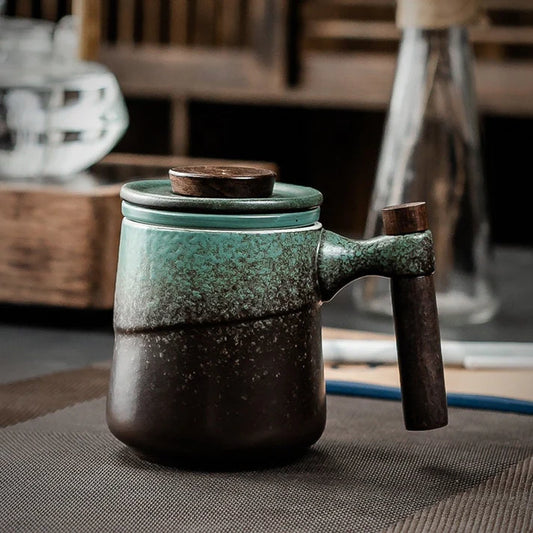 Tea Infuser Mug - Ceramic Material - Wooden Handle