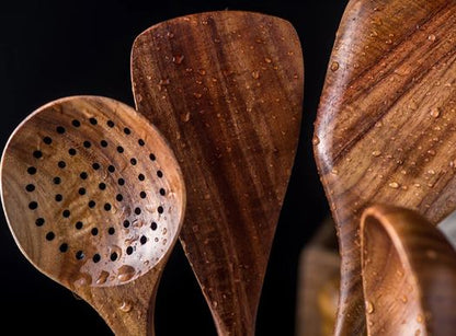 Teak Kitchen Utensils Set - Wooden Cooking Tools, Eco-Friendly, Durable, Stylish Kitchenware