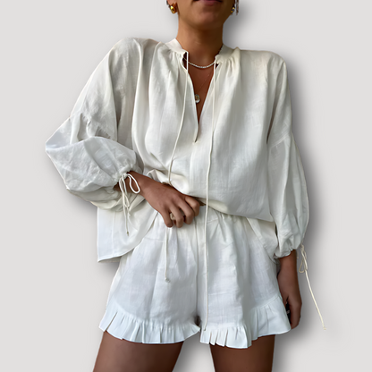 Long Puff Sleeve White Linen Shirt And Pants Set