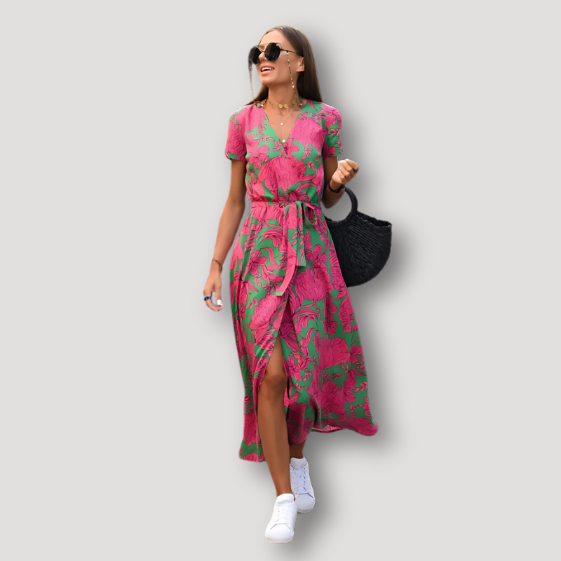 Short Sleeve Boho Style Wrap Midi Dress