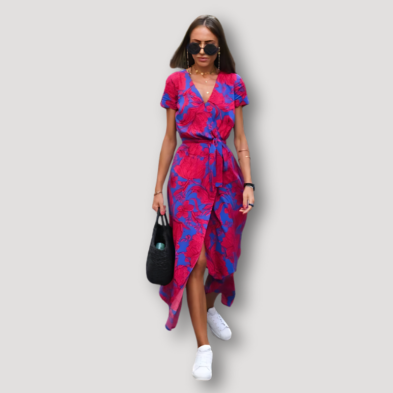 Short Sleeve Boho Style Wrap Midi Dress