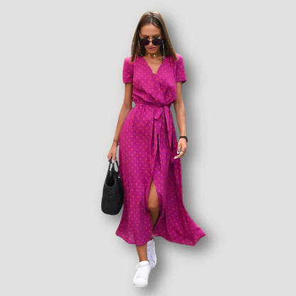 Short Sleeve Boho Style Wrap Midi Dress