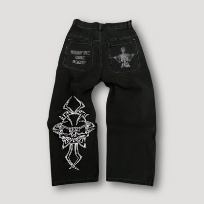 'Heaven Can Wait' Skeleton Cross Graphic Wide Leg Baggy Jeans Denim