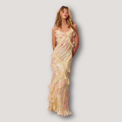 Vibrant Floral Pastel Ruffle Australian Maxi Dress