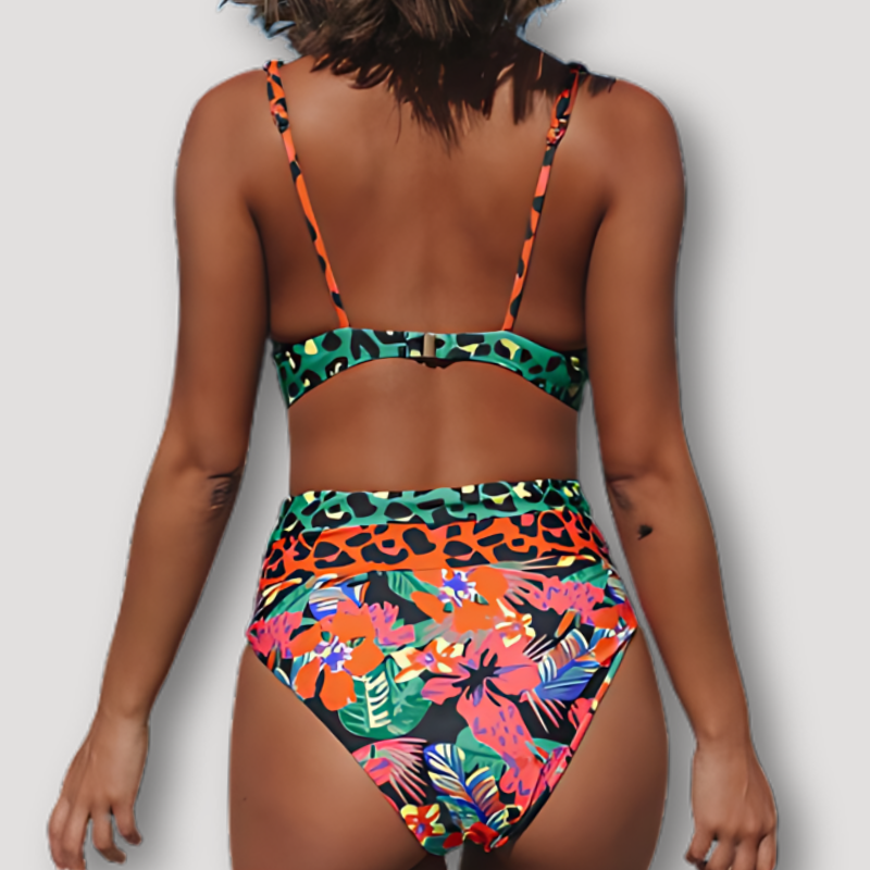 High Waisted Leopard Floral Print Two Piece Bikini Set