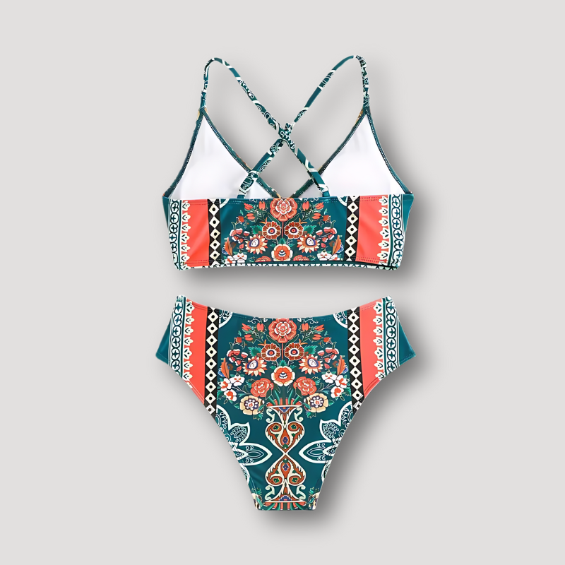 Green Floral Bralette Cross Back Straps Two Piece Bikini Sets