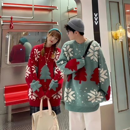 Christmas Sweater Snowflake and Christmas Tree Pattern Matching Couple Clothes