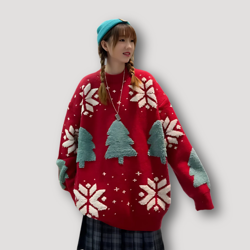 Christmas Sweater Snowflake and Christmas Tree Pattern Matching Couple Clothes