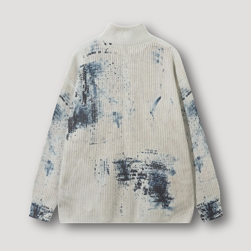 Borfend Abstract Graffiti Print Zip Up Knit Sweater Man