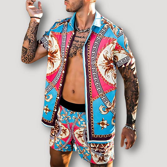 2 Piece Sets Short Sleeve Summer Hawaiian Shirt and Shorts Set Mens