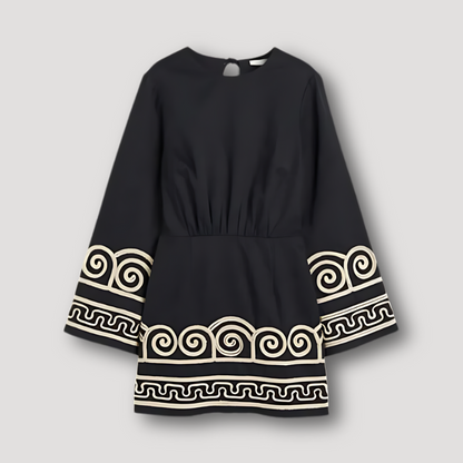 Geometric Ornate Long Baggy Sleeve Black Dress Mini