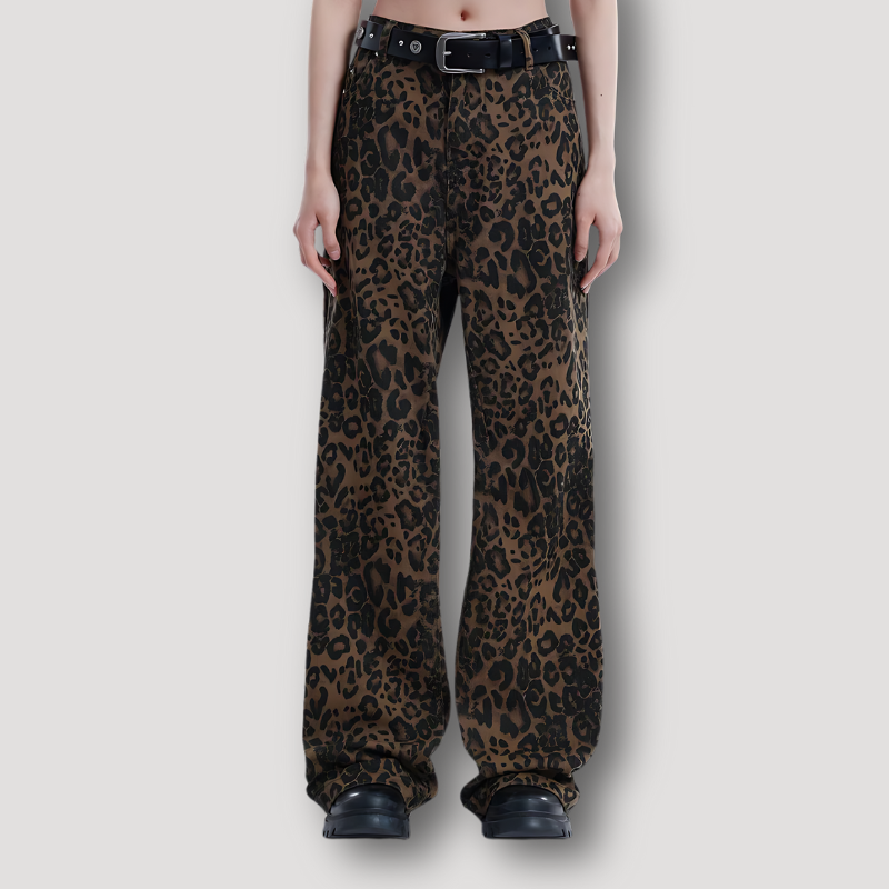 High-waisted Leopard Print Straight Leg Jeans