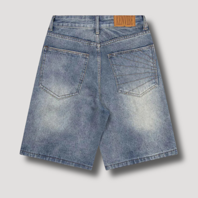 Washed Denim Embroidered Baggy Shorts