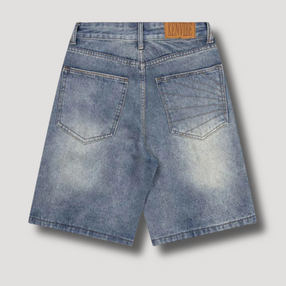 Washed Denim Embroidered Baggy Shorts