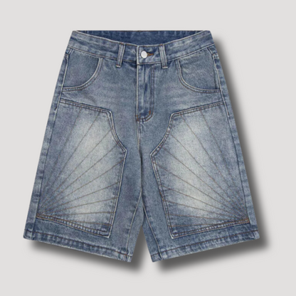 Washed Denim Embroidered Baggy Shorts