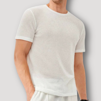 Crewneck Waffle Knit White Shirt Men