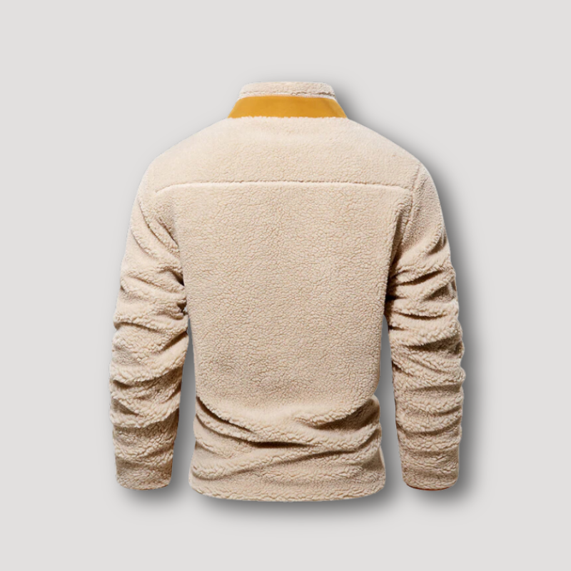 Men's Beige Sherpa Fleece Jacket with Mustard Pocket Accent