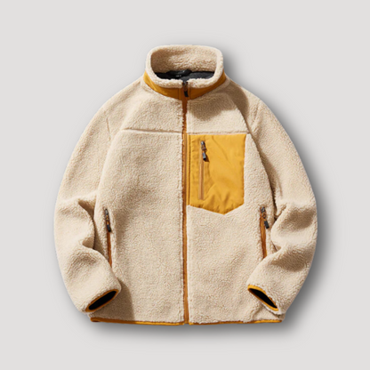 Men's Beige Sherpa Fleece Jacket with Mustard Pocket Accent