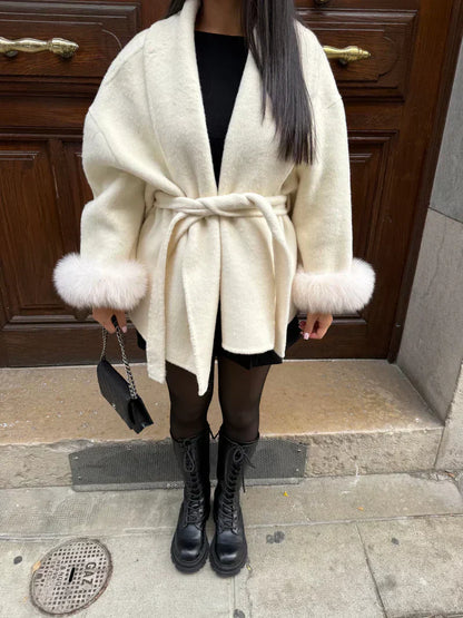 Women Soft Wool Coat – Elegant Wrap Coat – Loose Fit With Belt Winter