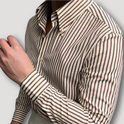 Button Down Long Sleeve Brown Striped Polo Shirts