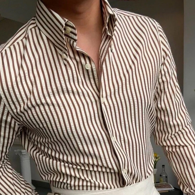 Button Down Long Sleeve Brown Striped Polo Shirts