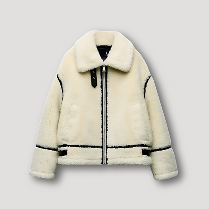 White Aviator Shearling Jacket Coat for Women