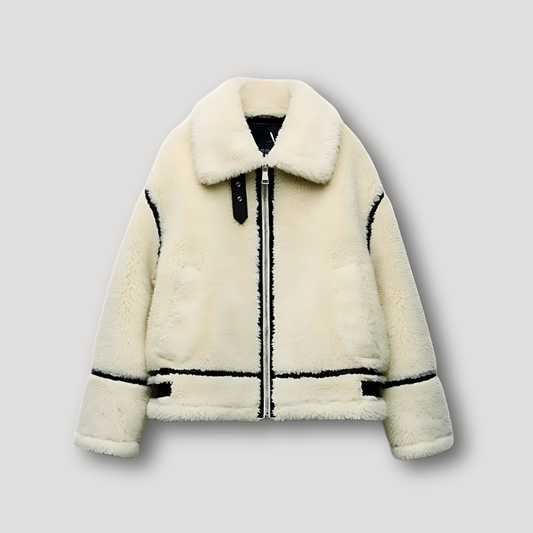 White Aviator Shearling Jacket Coat for Women